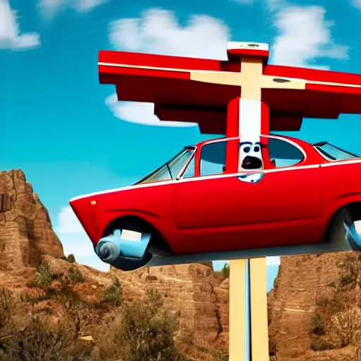 Prompt: jesus christ on the cross as a car, christian art, as a car from the movie pixar's cars 2,