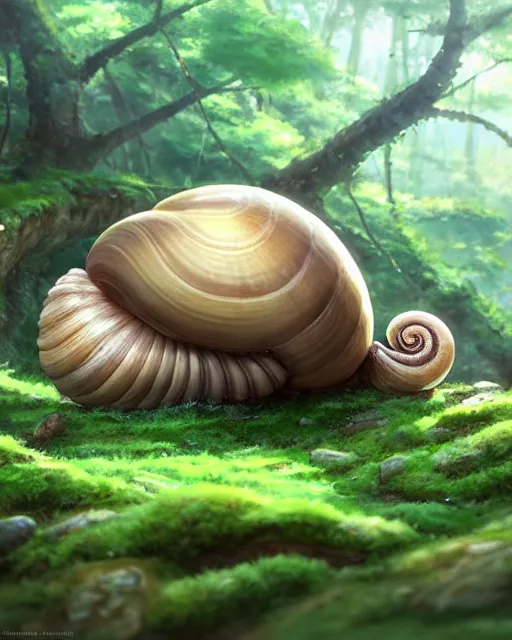 Prompt: a cute large snail with a shell made of stone and moss, lush aspen forest, great detail, epic composition, top down angle ， by makoto shinkai an krenz cushart