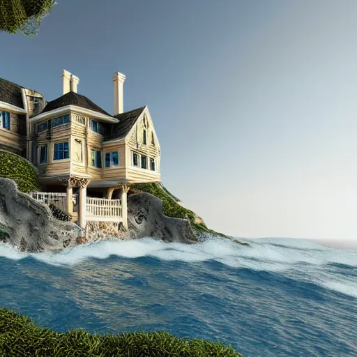 Prompt: Ultra Realistic Hyper detailed Fantasy view of a Mansion overlooking the cliffs edge where ocean waves are crashing.