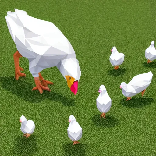 Image similar to low poly white chickens running through a farm, isometric view, 3d render, detailed, ray tracing, Eggs Inc