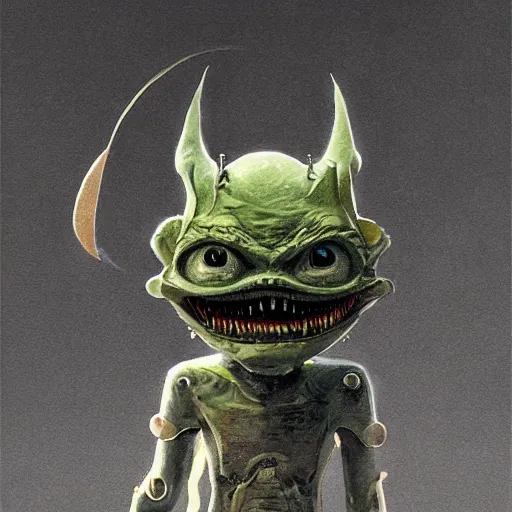 Image similar to minimalist cyborg goblin with maniacal expression and bulging eyes inside byzantine hong kong hoarder labaratory, portrait by by greg rutkowski and h. r. giger and stalenhag and deak ferrand, studio ghibli composition