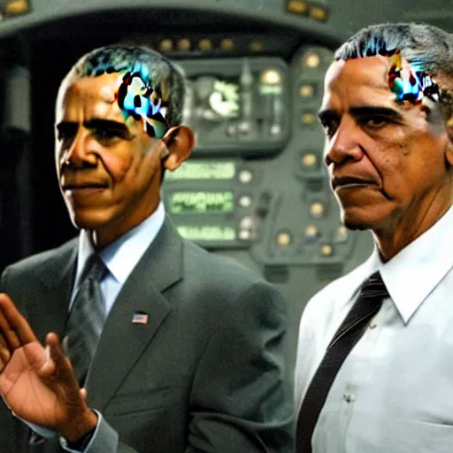 Prompt: barrack obama going through a stargate in the sg - 1 base, holding a goauld in his right hand