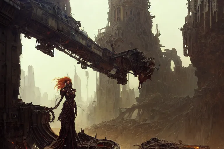 Prompt: a mech standing in a ruined city, fantasy, intricate, elegant, dramatic lighting, highly detailed, lifelike, photorealistic, digital painting, artstation, concept art, smooth, sharp focus, illustration, art by John Collier and Albert Aublet and Krenz Cushart and Artem Demura and Alphonse Mucha