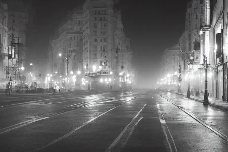 Image similar to bucharest city at night, street, buildings, wide angle, fog, neon lights, atmospheric, concept art, artstation