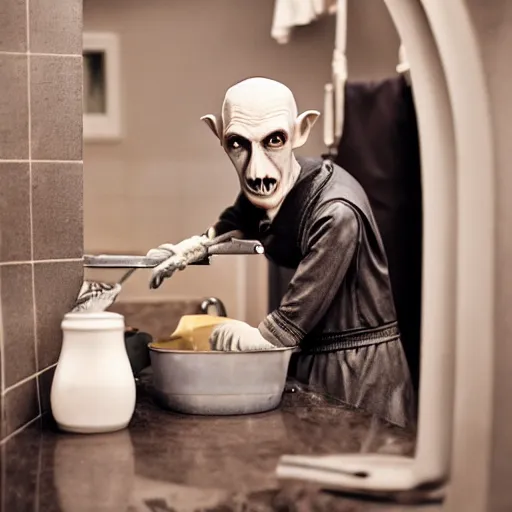 Prompt: portrait of nosferatu washing dishes, realistic detailed photography, 5 0 mm lens