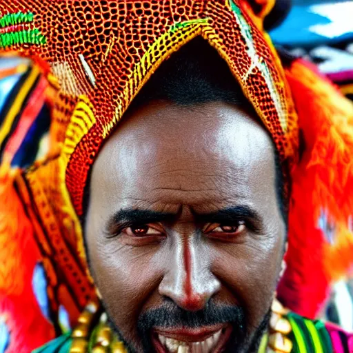 Prompt: african version of nicolas cage wearing tribal clothing close up heavy bokeh looking to lens