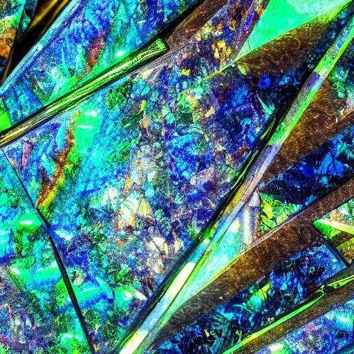 Prompt: an extremely high quality octane render of a crystallised cybertronic cyberpunk massive polished gemstone made of opal labradorite moldavite petalite specimen, glittering, highly detailed, highly polished, reflective, specular, complimentary colors, 8 k, hd photo, reflections, shimmering, sharp edges, crisp, deep water colors