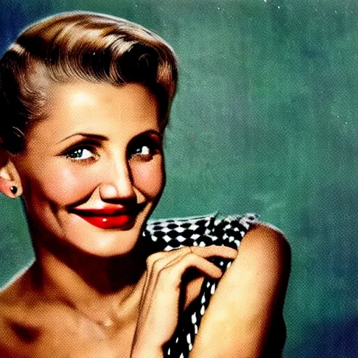 Image similar to Cameron Diaz portrait, color vintage magazine illustration 1950