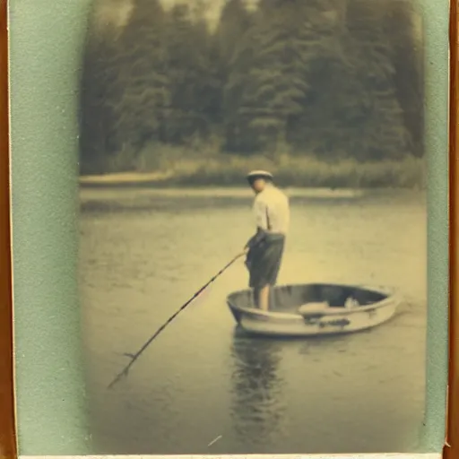 Prompt: a very beautiful old polaroid picture of a young men fishing, award winning photography
