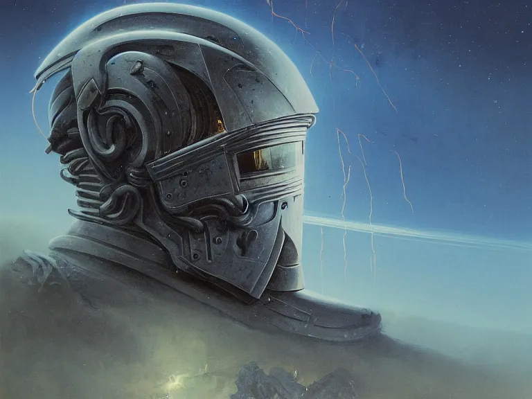 Image similar to a detailed profile painting of a bounty hunter in armour and visor, cinematic sci-fi poster. Cloth and metal. Welding, fire, flames, samurai Flight suit, accurate anatomy portrait symmetrical and science fiction theme with lightning, aurora lighting clouds and stars. Clean and minimal design by beksinski carl spitzweg giger and tuomas korpi. baroque elements. baroque element. intricate artwork by caravaggio. Oil painting. Trending on artstation. 8k