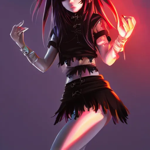 Image similar to goth anime girl in mini skirt and crop top intricate, extremely detailed, digital painting, artstation, concept art, smooth, sharp focus, illustration, intimidating lighting, incredible art, hightly detailed face and body