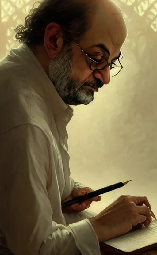 Image similar to portrait of salman rushdie writing, deep focus, d & d, fantasy, intricate, elegant, highly detailed, digital painting, artstation, concept art, matte, sharp focus, illustration, art by artgerm and greg rutkowski and alphonse mucha