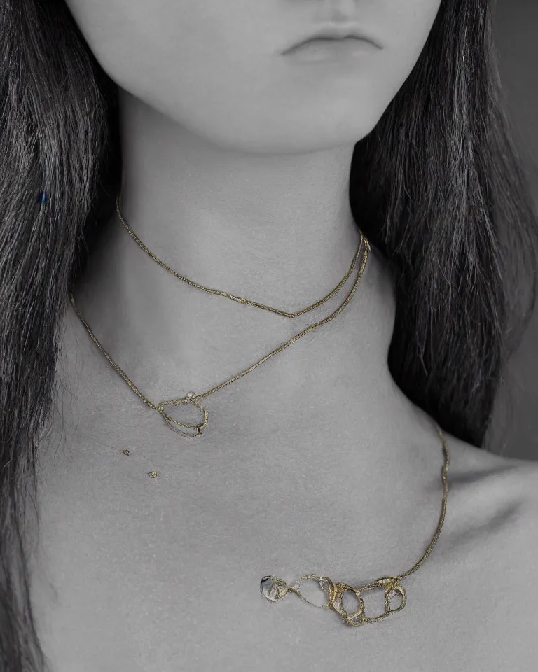 Prompt: super realistic portrait, skin detailed, of a beautiful model with a minimal shiny neo tribal necklace in the neck, detail photo, minimal design, made of gold, canon, film camera, photography, digital art, balenciaga