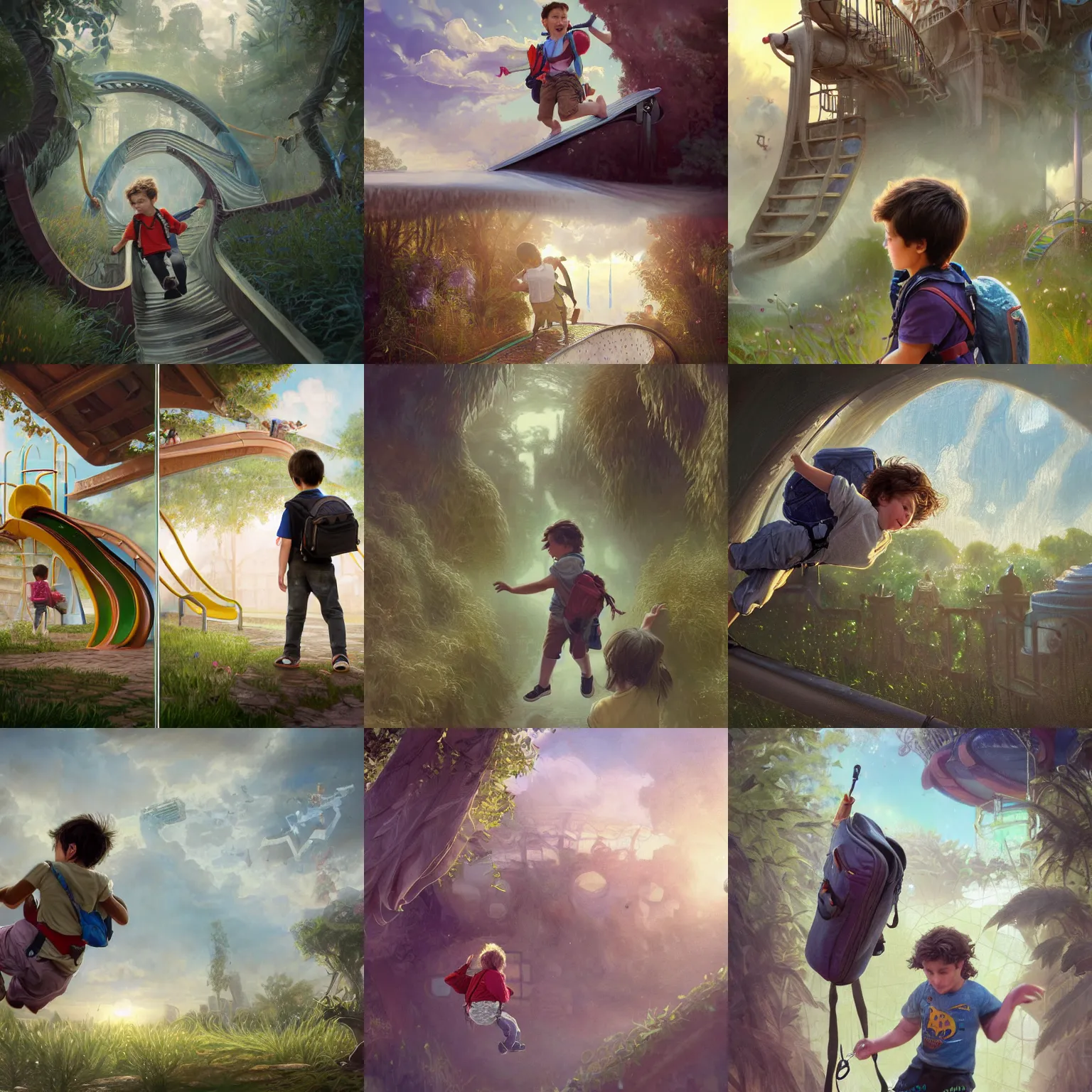 Prompt: a boy wearing a small backpack and blong wavy hair is sliding down the rocket slide at the childrens play park, artstation, concept art, soft light, hdri, smooth, sharp focus, illustration, fantasy, intricate, elegant, highly detailed, D&D, matte painting, in the style of Greg Rutkowski and Alphonse Mucha and artemisia, 8k, highly detailed, jurgens, rutkowski, bouguereau, pastoral, rustic, georgic