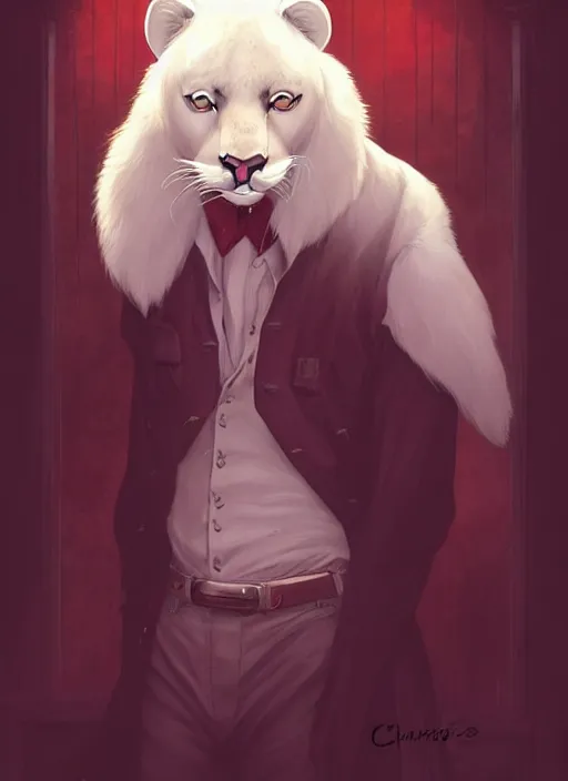 Image similar to beautiful portrait commission of a male furry anthro albino mountain lion with dark red eyes wearing a dress shirt in an old-timey Saloon. Atmospheric. Character design by charlie bowater, ross tran, artgerm, and makoto shinkai, detailed, inked, western comic book art