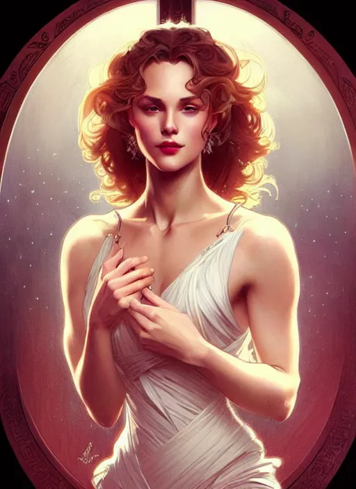 Image similar to “ a beautiful young beau garrett as femme fatale smiling and winking, intricate, elegant, highly detailed, digital painting, artstation, concept art, smooth, sharp focus uhd 8 k, art by artgerm and greg rutkowski and alphonse mucha ”