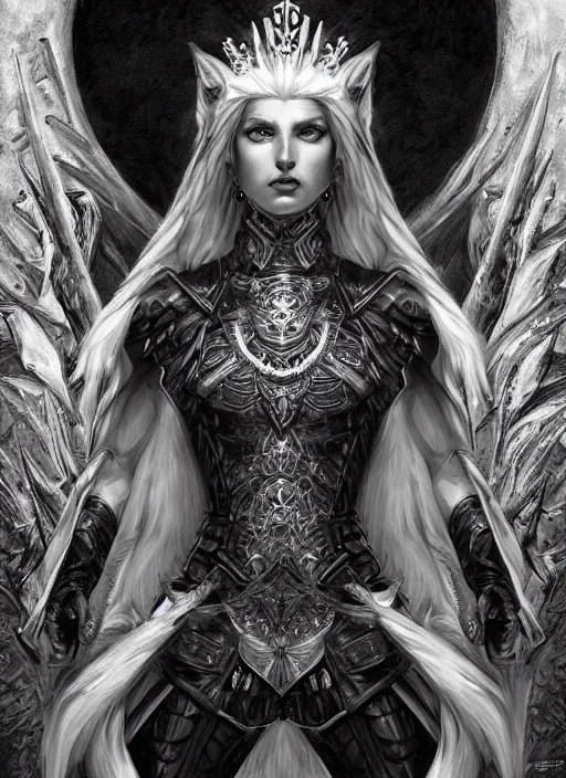 Prompt: digital _ painting _ white wolf queen _ filipe _ poles _ and _ justin _ gerard _ symmetrical _ fantasy _ very _ detailed _ realistic _ complex _ port