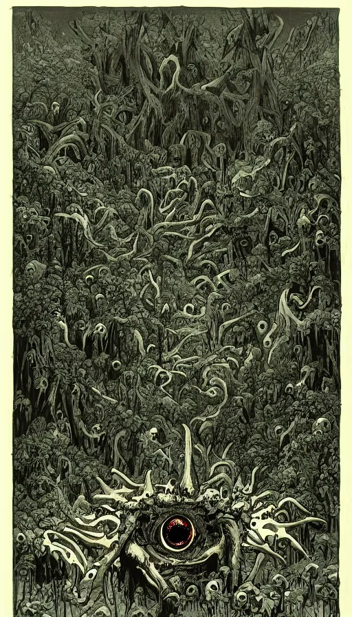 Prompt: a storm vortex made of many demonic eyes and teeth over a forest, by james jean