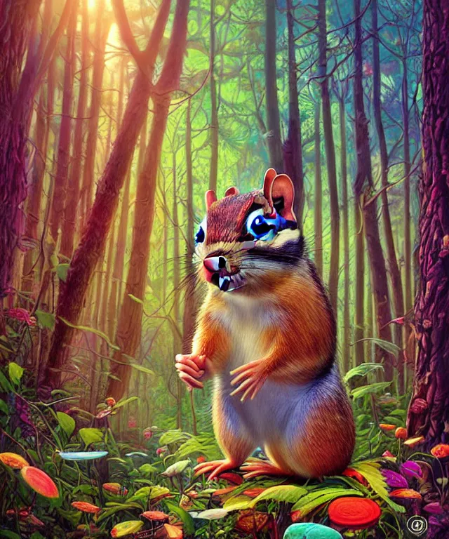 Prompt: a single realistic chipmunk, sitting in a psychedelic forest, wide angle landscape shot, pixar style by tristan eaton, artgerm and tom bagshaw