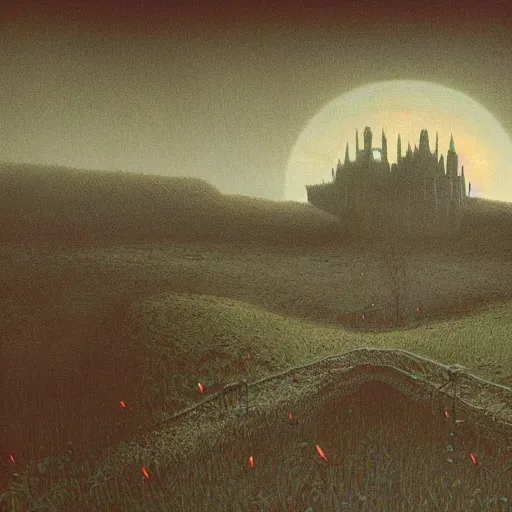 Image similar to A haunting dark castle stands over a misty orchard, a crescent moon dimly shines; lighting a small path that winds through the trees. A matte painting in the style of Wayne Barlowe, Zdzisław Beksiński, by Mordecai Ardon.