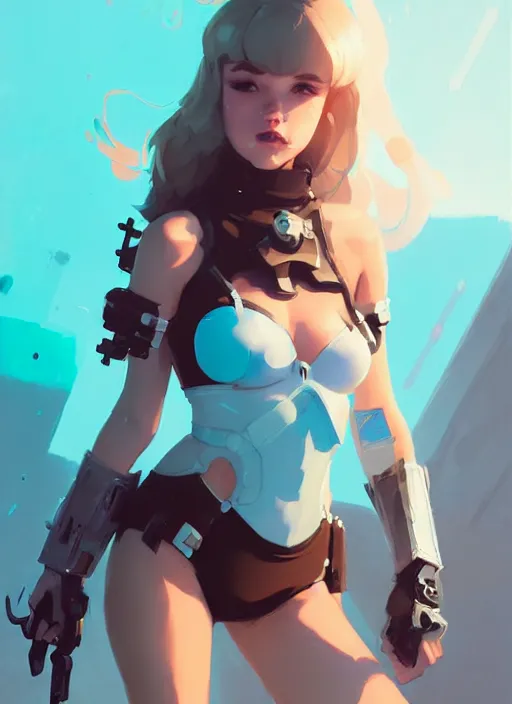 Image similar to portrait of cute girl in cyber bikini armor, warhammer, by atey ghailan, by greg rutkowski, by greg tocchini, by james gilleard, by joe fenton, by kaethe butcher, dynamic lighting, gradient light blue, brown, blonde cream and white color scheme, grunge aesthetic