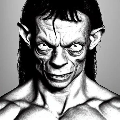 Image similar to Gollum is a jacked muscle builder gigachad, grayscale photography