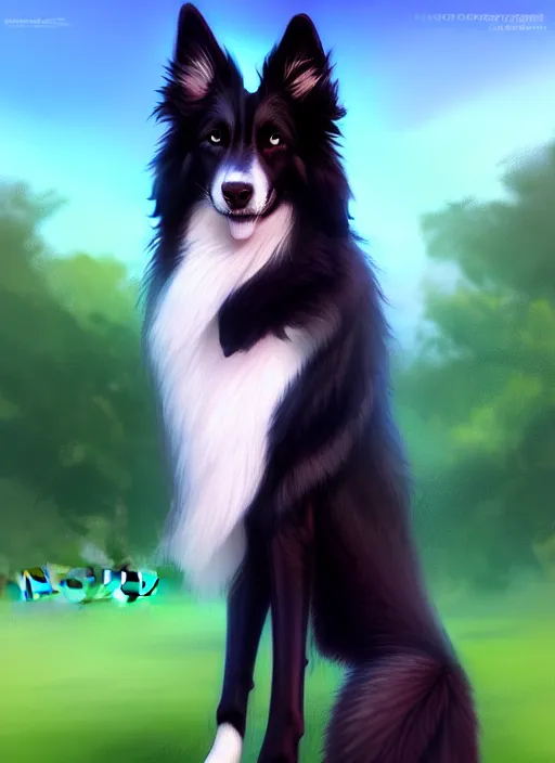 Image similar to wide angle beautiful full body portrait of a cute male bipedal border collie fursona posing in front of a park, character design by charlie bowater, henry asencio, and ross tran, furry art, furaffinity, beautiful, glamor pose, detailed, aesthetic, trending on artstation