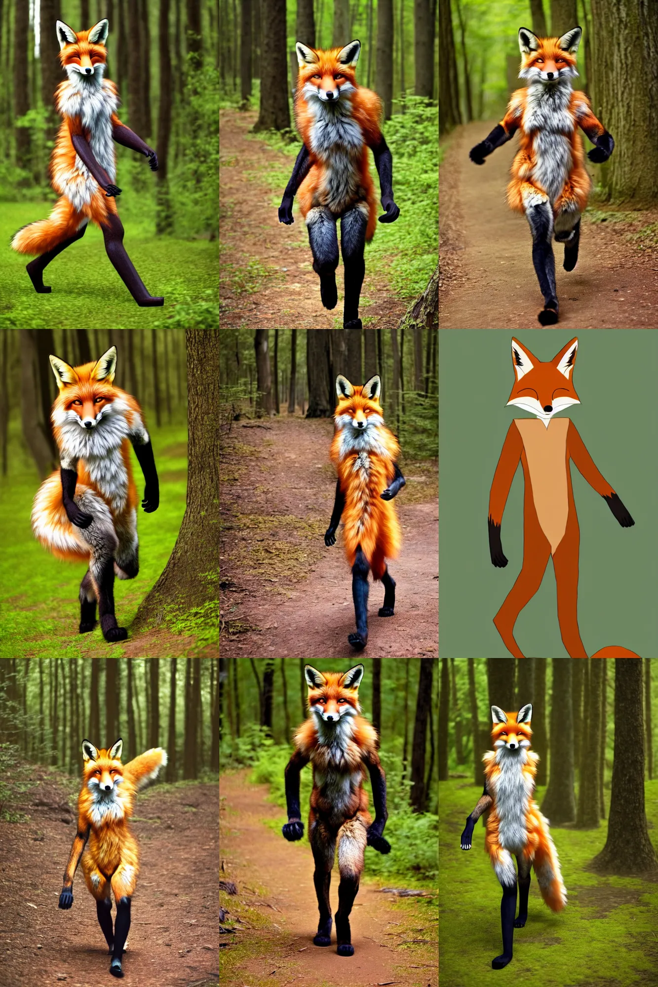 Prompt: anthro digitigrade natural - colored fox person with black paws, walking upright in a forest