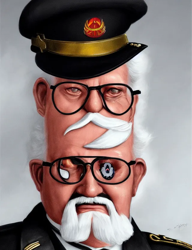 Prompt: a portrait of colonel sanders wearing a military uniform and a black eyepatch over his left eye, by moebius and tyler edlin and hr giger, trending on artstation, digital art, 4 k resolution, detailed, high quality, sharp focus, hq artwork, coherent, insane detail, concept art