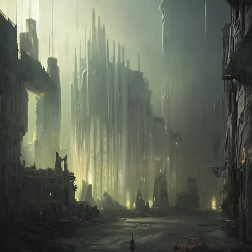 Image similar to abandoned sci-fi city volumetric mystical and dramatic realistic lighting, concept art, fantasy, matte painting, in the style of Greg Rutkowski and H.R. Giger and artemisia, highly detailed