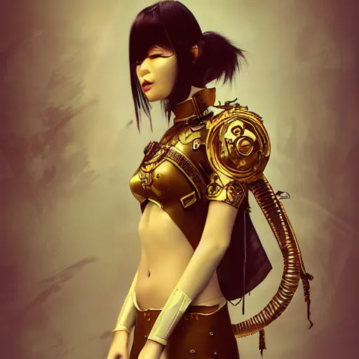 Image similar to concept art of asian female supermodel with robotic mask. steampunk vr googles. futuristic tokyo. anime and manga. comic style. artstation concept art, matte painting. ambient and neonoir mood. intricate details and golden filigree with dragon scales. cinematic light and volumetric fog