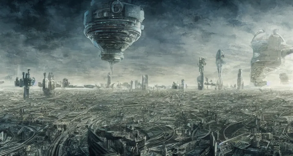 Prompt: view on futuristic city in the horizon, illustration by enki bilal, detailed, sharp, 8 k