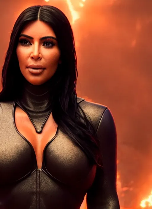 Prompt: kim kardashian as thanos, movie still, cinematic lighting, red camera, kevin feige