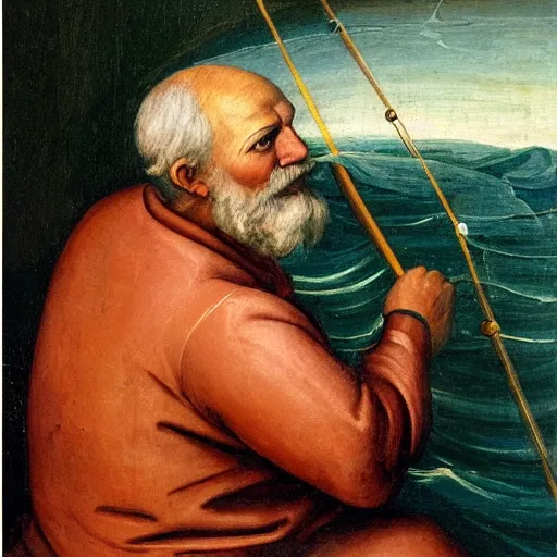 Prompt: a renaissance oli painting of an old man in a skiff at sea. The old man is the center of the painting, and the focus of the composition. He is shown in profile, with his back to the viewer. He is leaning back, using all his strength to reel in the marlin. His face is sweaty and strained, and his arms are shaking. The marlin is huge, and its body is thrashing around in the water. The boat is small and insignificant compared to the marlin, and it is being pulled towards the fish. The painting is rendered in a realistic style, with accurate details and lifelike colors. The brushwork is loose and expressive, conveying the movement and energy of the scene. The overall effect is one of drama and suspense. The water in the painting is a deep blue color. It is choppy and turbulent, reflecting the struggle of the old man and the marlin.