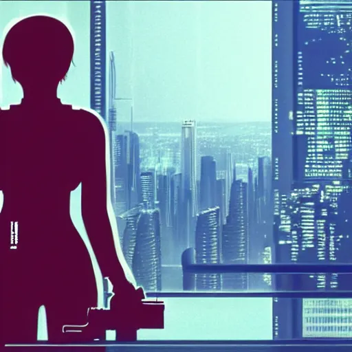 Prompt: « highly detailed, scarlett johnson caring a gun, full body portrait, ghost in the shell, view on the city on the top of a skyscraper »