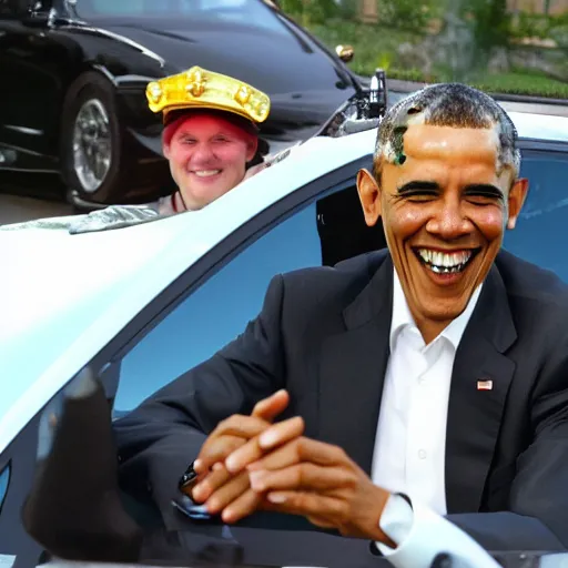 Prompt: obama driving lightning mc queen from disney