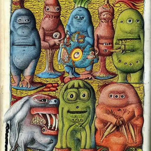 Prompt: medieval bestiary of repressed emotion monsters and creatures starting a fiery revolution in the psyche, in the style of COdex Seraphinianus