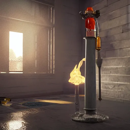 Image similar to bong, water pipe, fire, smoke, octane render, 8 k, ultra hd, unreal engine 5, ray tracing