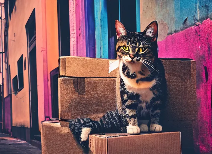 Image similar to photography of a Cat sitting on a box. in a cyberpunk street, award winning photo, saturated, colored, colors, 100mm, sharp, high res