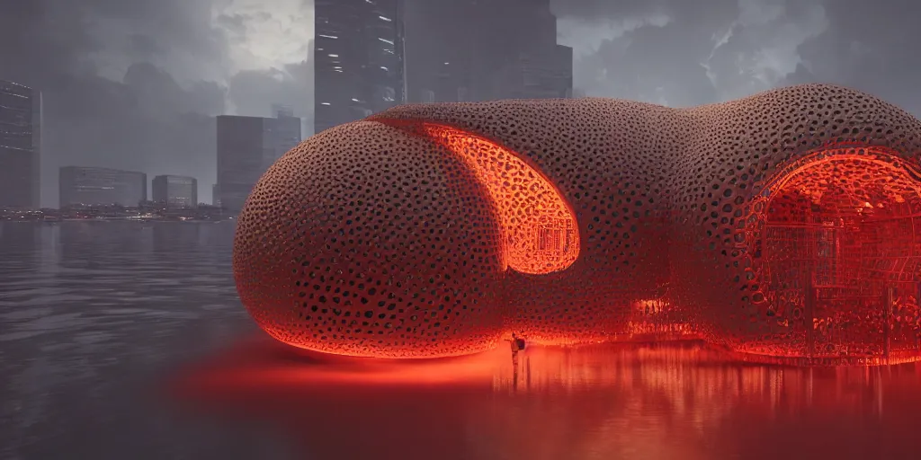 Image similar to An epic architectural rendering of a blob shaped trypophobia house with a mysterious red glow emitting from inside in a modern cityscape next to a river, stunning, gorgeous, golden ratio, photorealistic, featured on artstation, 4k resolution