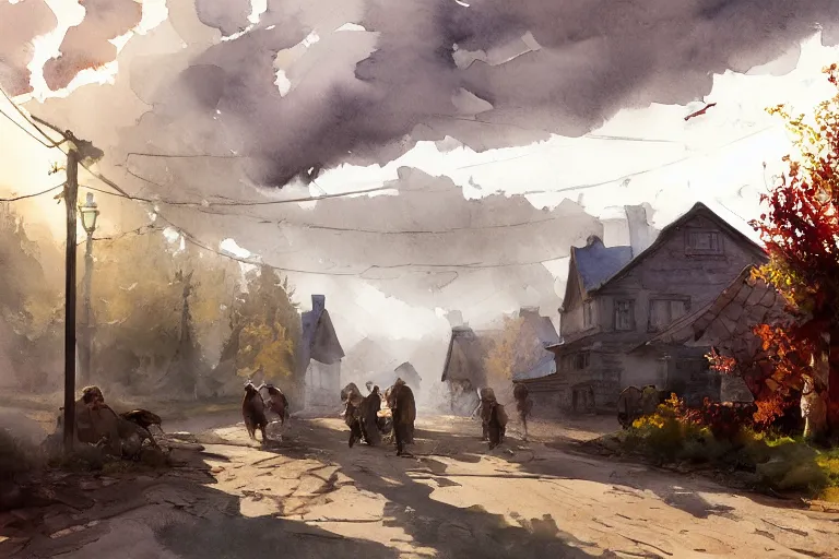 Prompt: watercolor painting of rustic village street at finland country side, ambient lighting and shadows, fog, art by hans dahl, by jesper ejsing, art by anders zorn, wonderful masterpiece by greg rutkowski, cinematic light, american romanticism by greg manchess, creation by tyler edlin