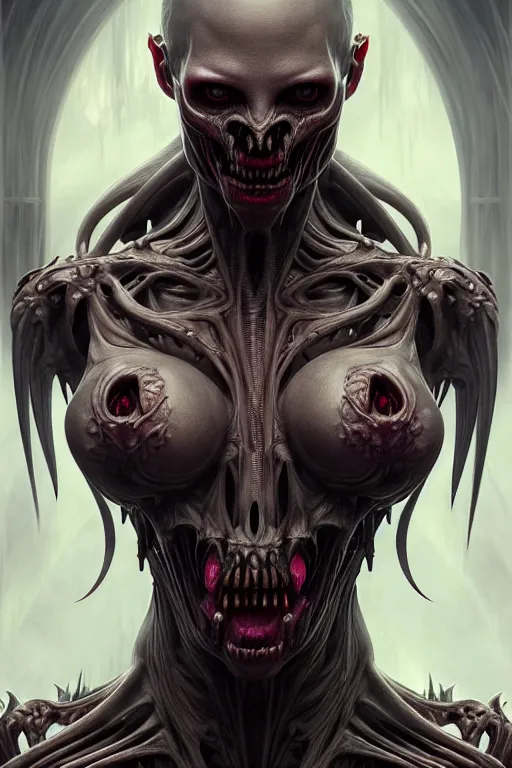 Image similar to ultra realistic, human alien predator vampire hybrid, gothic, fantasy, flesh, bone, body horror, intricate details, eerie, highly detailed, octane render, 8 k, art by artgerm and alphonse mucha and greg rutkowski