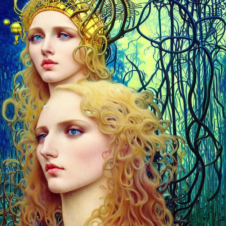 Image similar to realistic detailed face portrait painting of a beautiful woman with blond hair with sci-fi headwear, futuristic sci-fi forest on background by Jean Delville, Amano, Yves Tanguy, Alphonse Mucha, Edward Robert Hughes, Roger Dean, rich moody colours, blue eyes