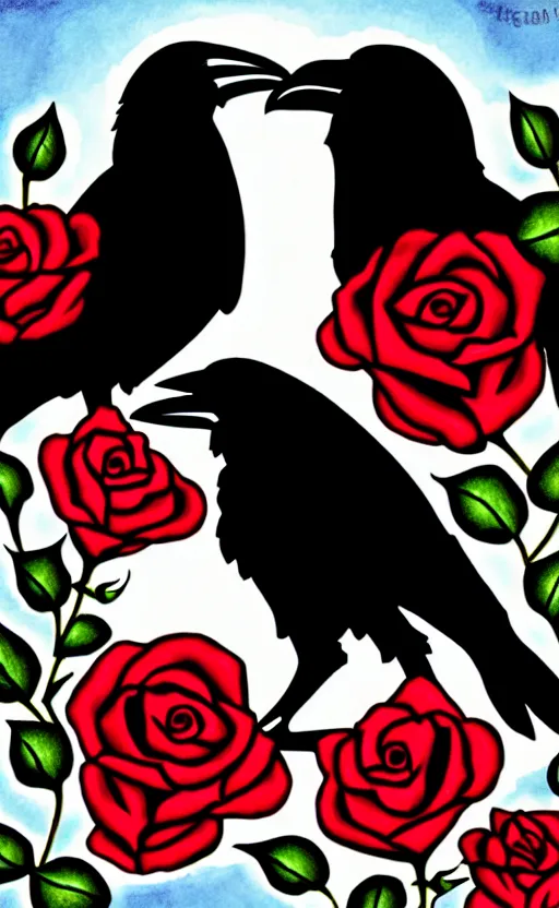 Prompt: ravens and roses illustration