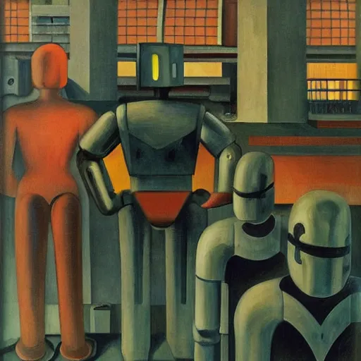 Image similar to drab slave human workers building robots, watched by fascist robots, brutalist factory, dystopian, pj crook, edward hopper, oil on canvas