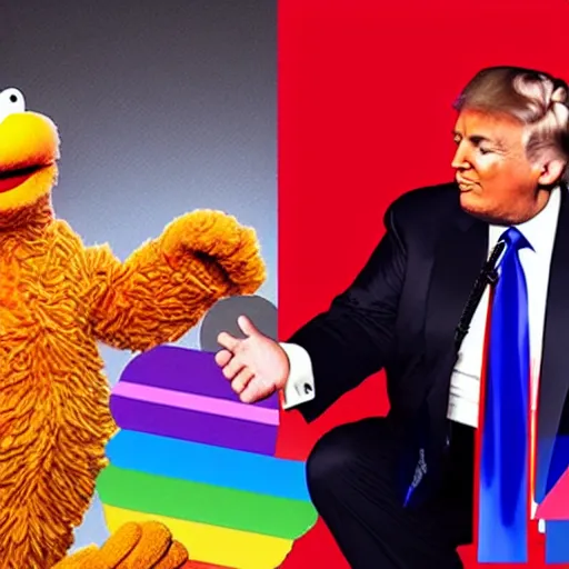 Prompt: Roman Reines hosting a late night talk show with Donald Trump and Elmo, during pride month, realistic photo