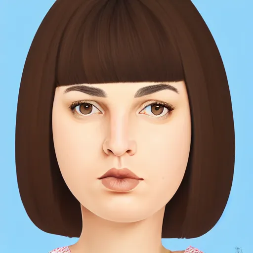 Prompt: chubby 30 year old brunette woman with straight hair in a short bob, round face, romanian heritage, brown eyes, olive skin, bulbous nose, big chin, wide face, no bangs, digital art, painterly, cartoon, cute, 8k, illustration, trending on artstation, medium shot, head and shoulders