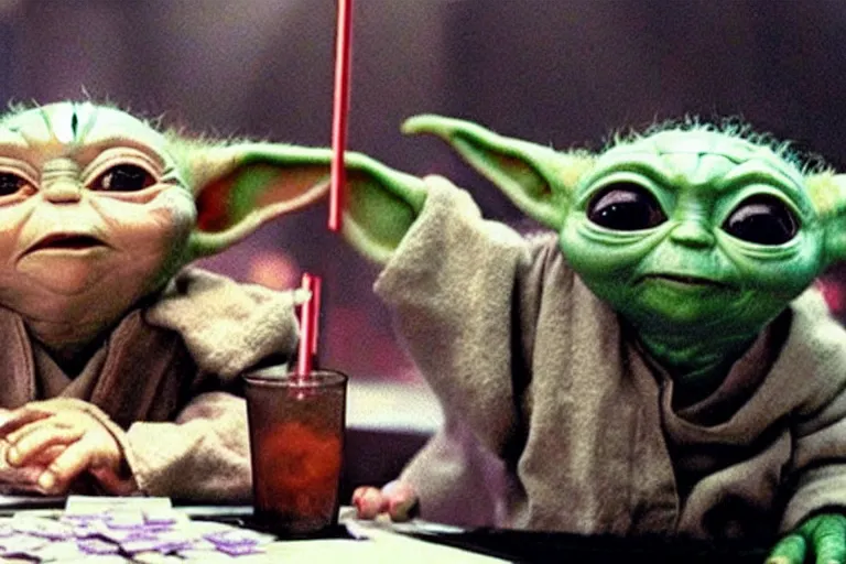 Prompt: baby yoda knocking back drinks at the night club and taking selfies with friends and a pile of cash in the background, movie promotion still, imax