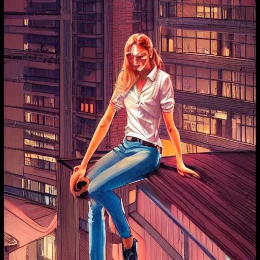 Image similar to a beautiful artwork of a woman in jeans and a white shirt smoking on the balcony of a hotel at night, top view, neon and rainy theme atmosphere by Jerome Opeña, featured on artstation