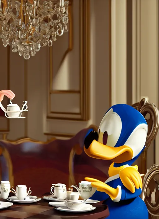 Prompt: jodie march and donald duck having tea at the ritz, octane render, cinematic, elegant, intricate, 8 k